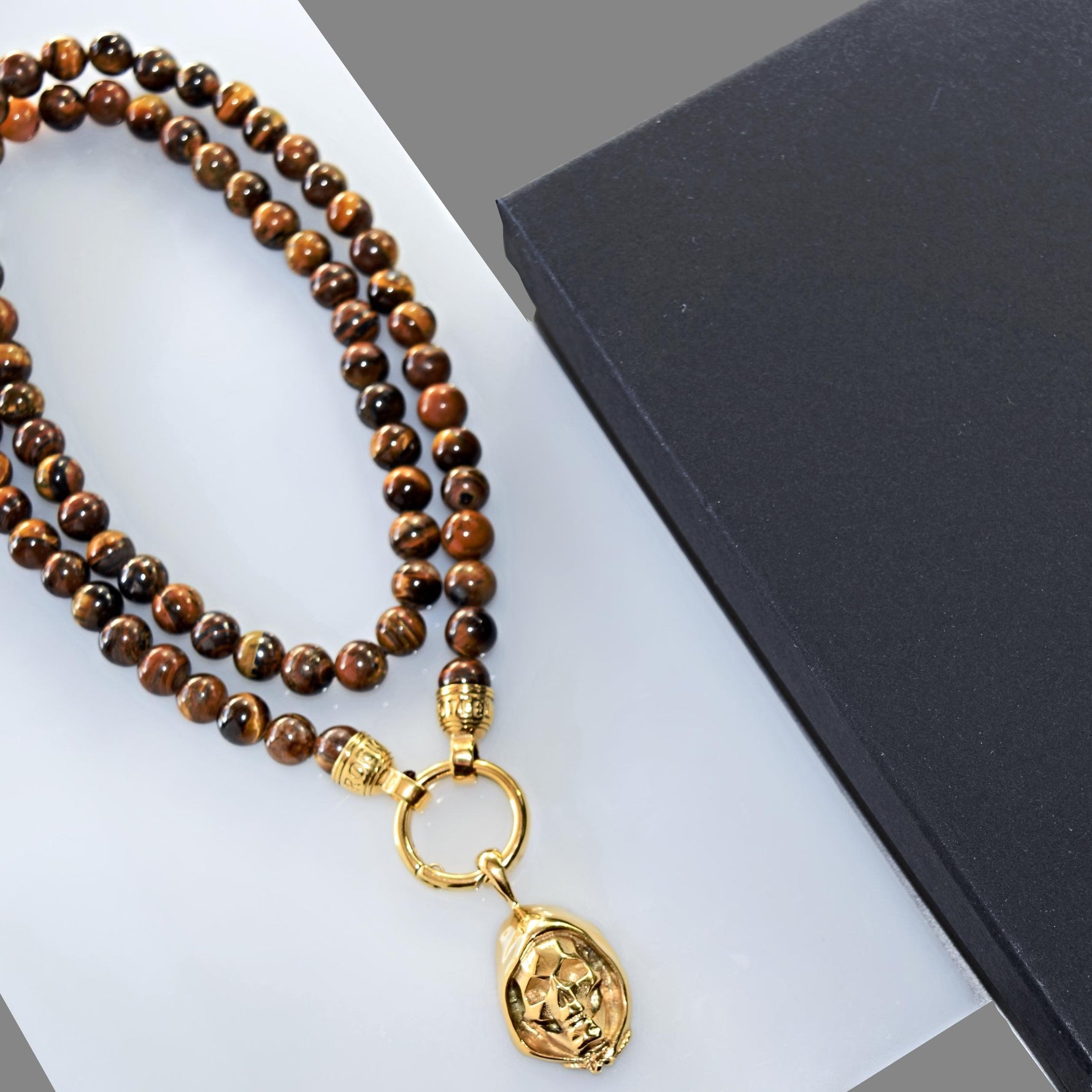 Kette TIGEREYE SKULL - Gold Halsketten - Silber Halsketten - Halsketten für Herren - ROCK & STEEL GERMANY