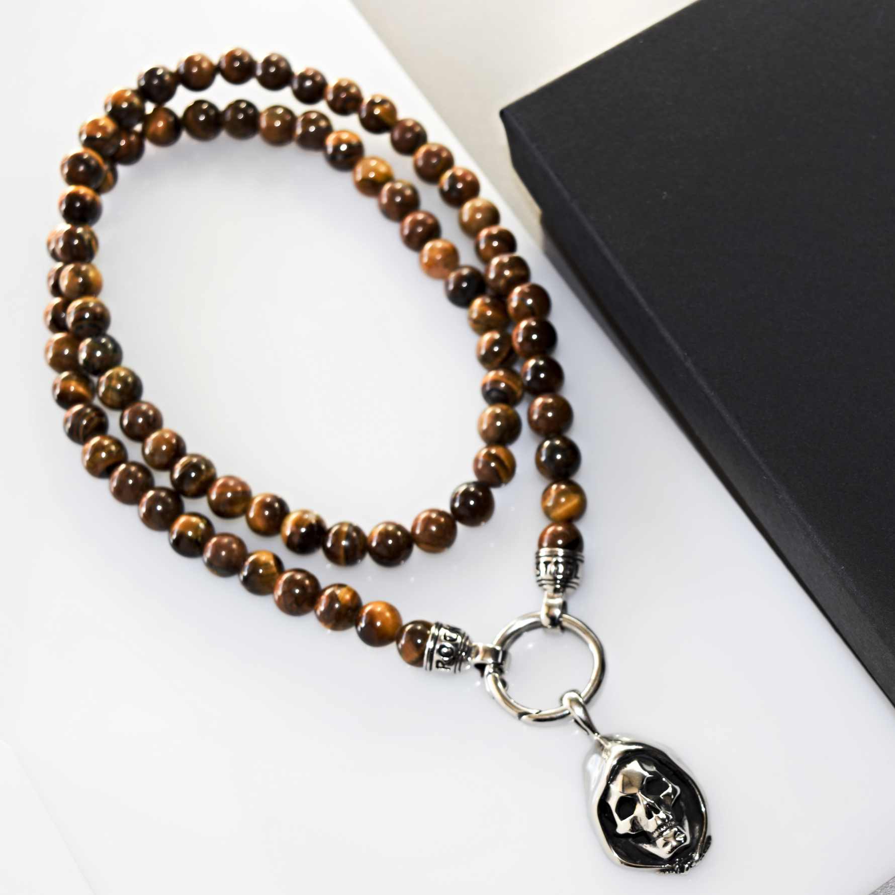 Kette TIGEREYE SKULL - Gold Halsketten - Silber Halsketten - Halsketten für Herren - ROCK & STEEL GERMANY